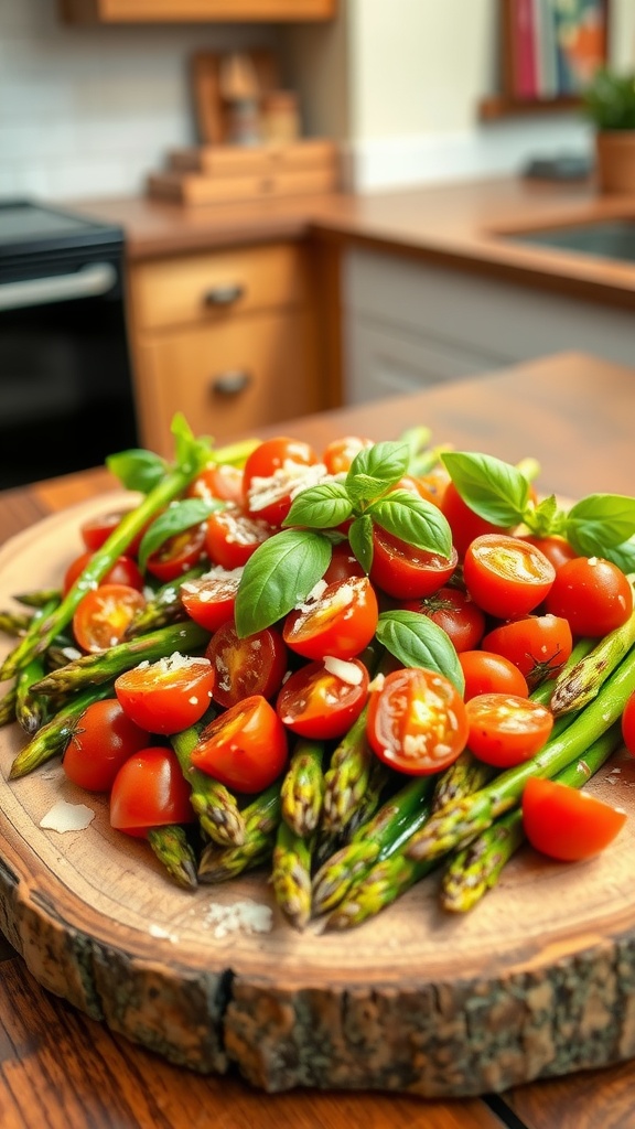 Roasted asparagus and cherry tomato salad with basil and Parmesan on a wooden platter.